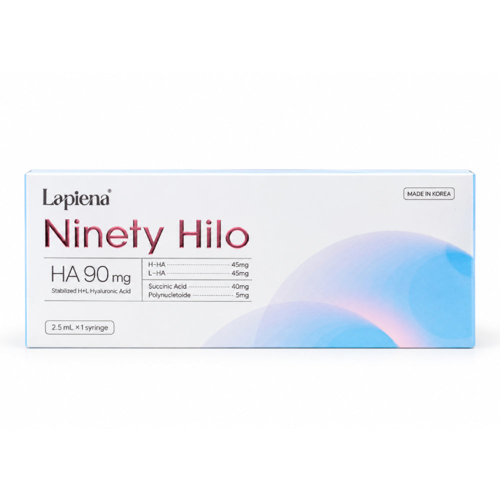 Lapiena Skin Booster Ninety Hilo HA 90 mg syringe box, 2.5 mL x 1 syringe, featuring a blue and white box