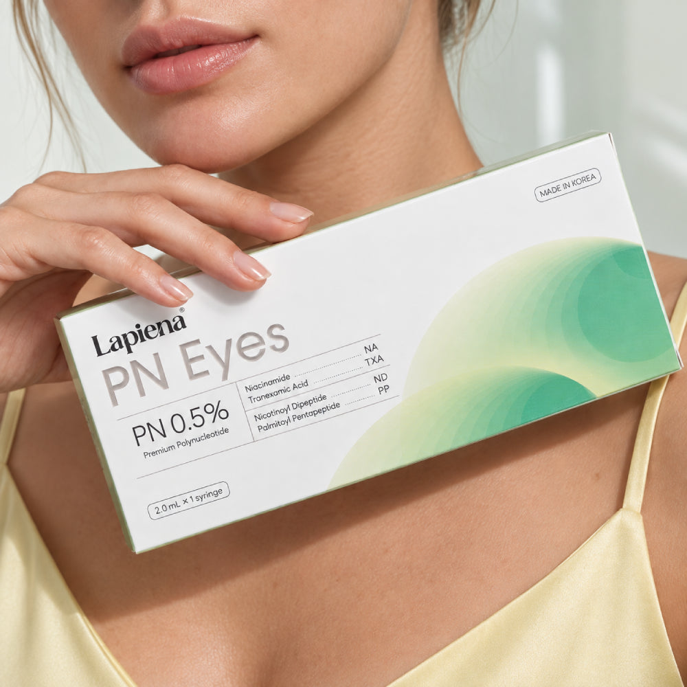 PN eye booster - pn eyes in and white and green packaging held by a woman