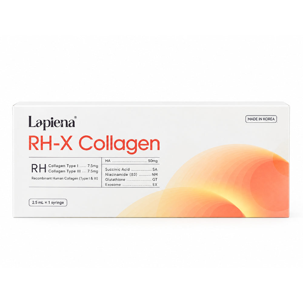 Lapiena RH-X Collagen skin booster product box, featuring a white background with orange and peach abstract wave graphics