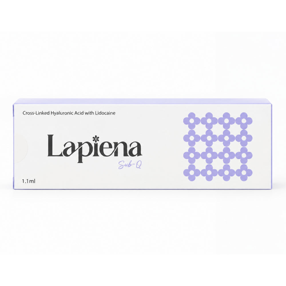 Lapiena Sub-Q 1.1ml box packaging, dermal filler featuring a white box with black text and a purple floral pattern