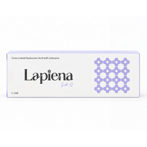 Lapiena Sub-Q 1.1ml box packaging, dermal filler featuring a white box with black text and a purple floral pattern