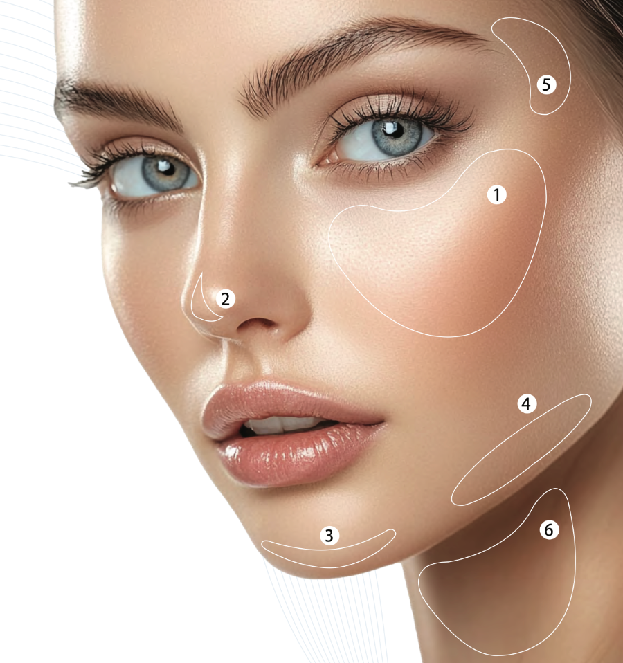 Woman's face with numbered skincare treatment areas highlighted on a beige background