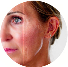 Side-by-side comparison of a woman's face with and without makeup on a white background